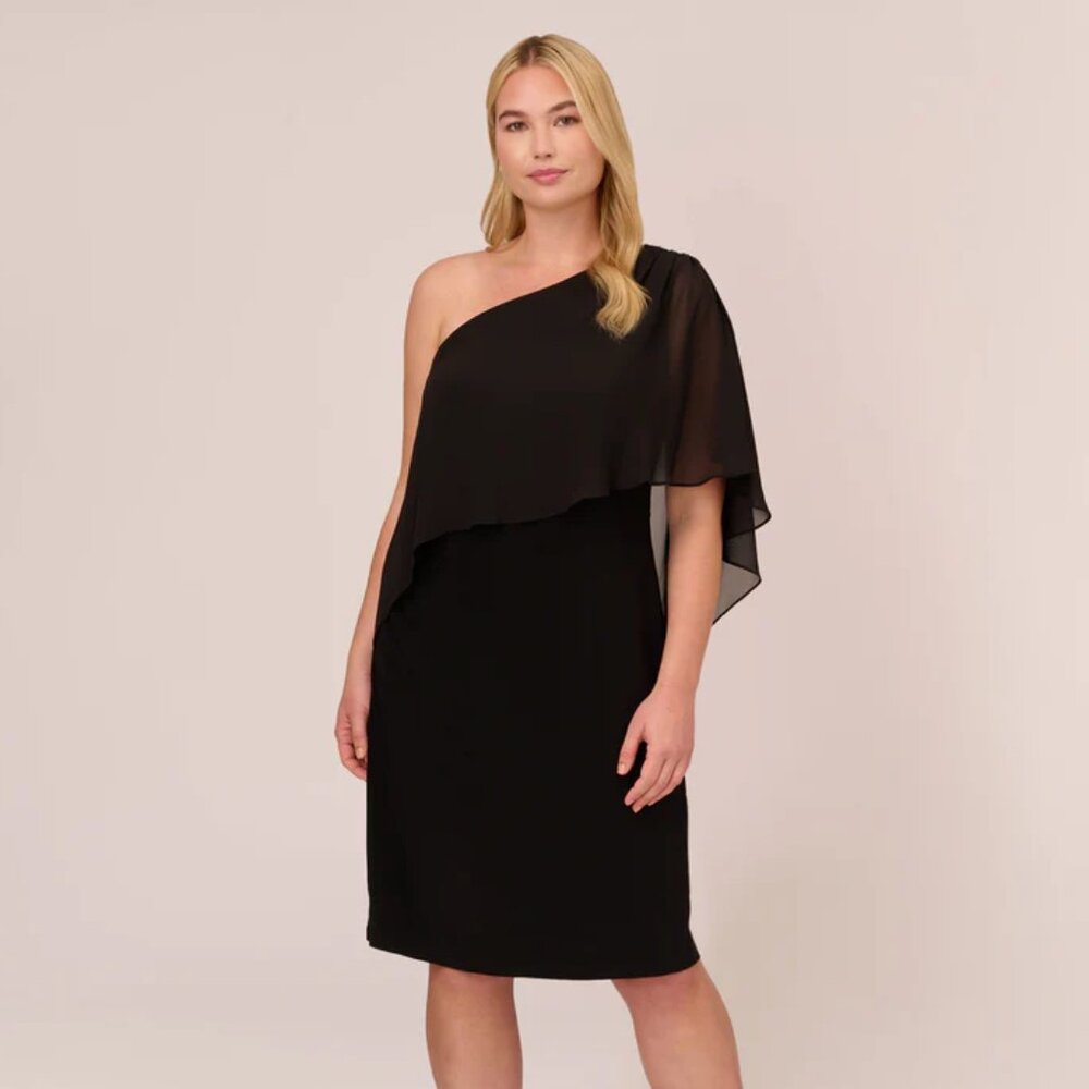 Adrianna Papell- Plus Size One Shoulder Dress With Chiffon Cape In Black